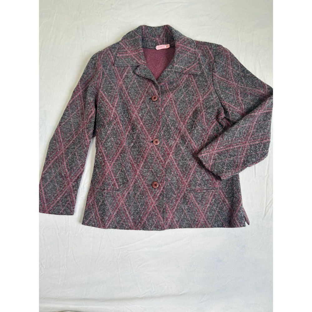 Vintage Kensington London New York Grey Pink Diamond Argyle Knit Blazer Jacket